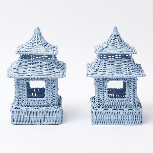 Mini Blue Rattan Pagoda Lanterns (Pair)