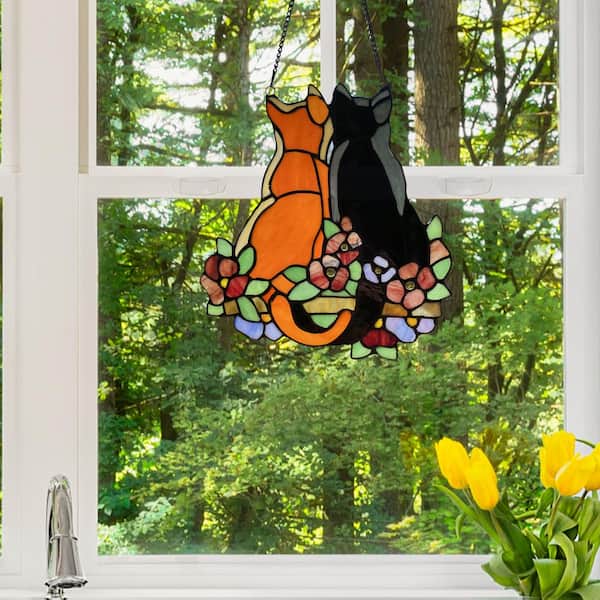 Stained Glass Window Panel Cat In The Garden Hanging Sun Catcher