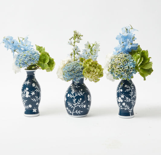 Midnight Blue Hand Painted Tole Bud Vases (Set of 3)