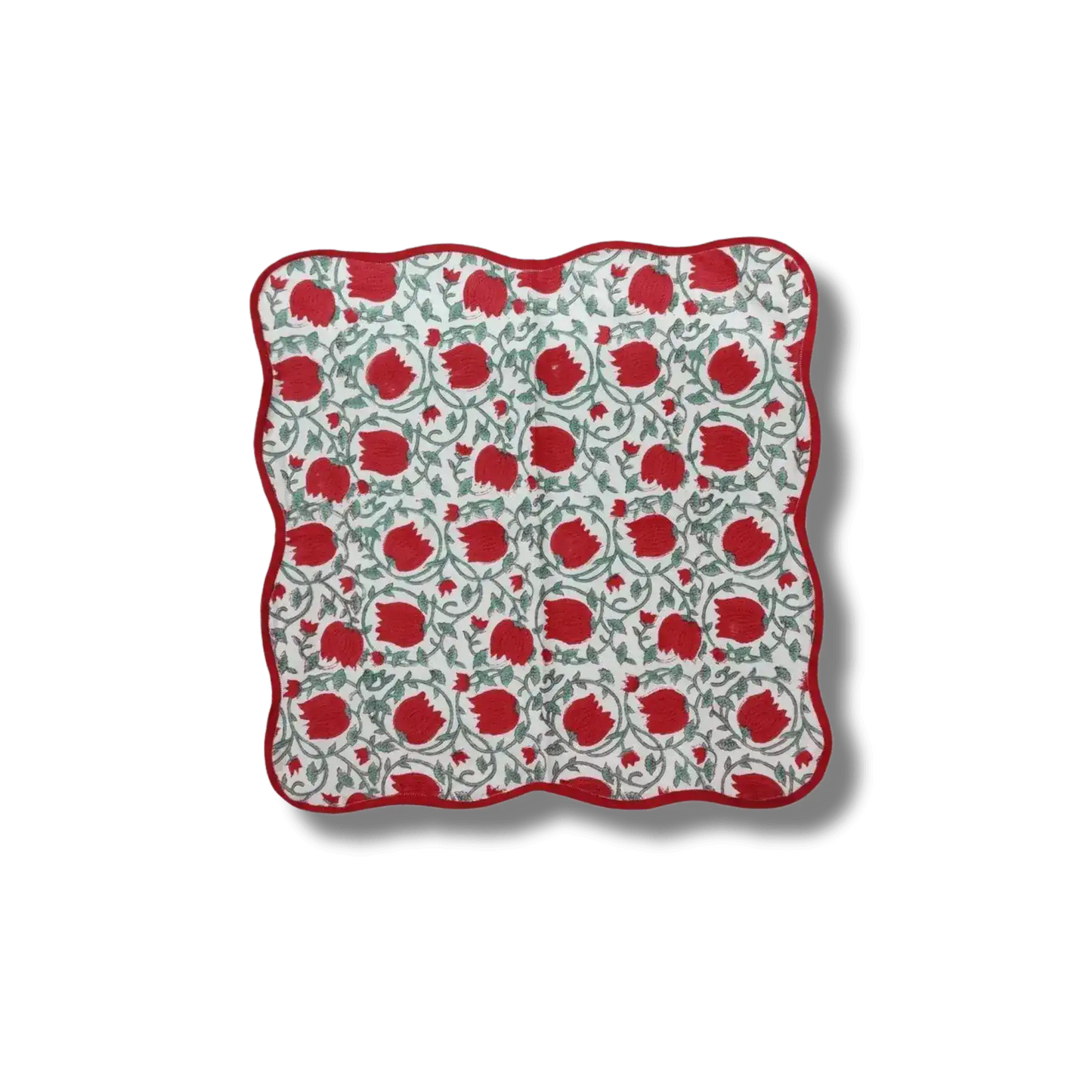 Red Floral Indian Block Print Scalloped Cotton Napkins