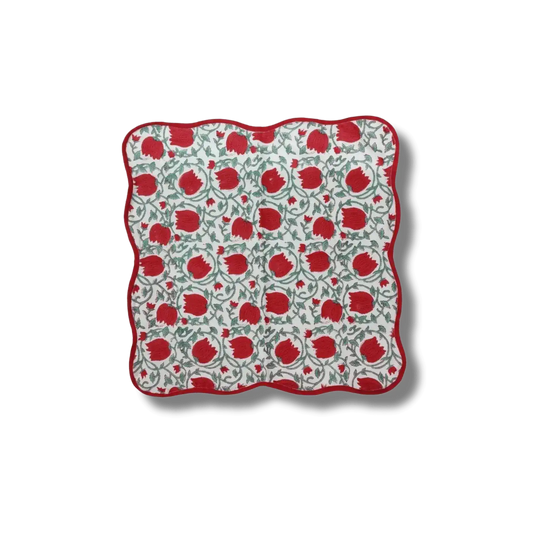 Red Floral Indian Block Print Scalloped Cotton Napkins