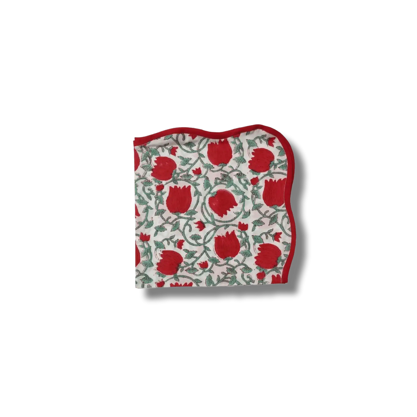 Red Floral Indian Block Print Scalloped Cotton Napkins