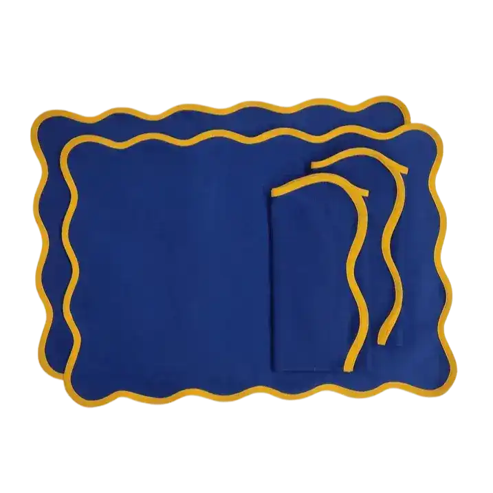 Yellow Scalloped Royal Blue Cotton Placemats - MAIA HOMES